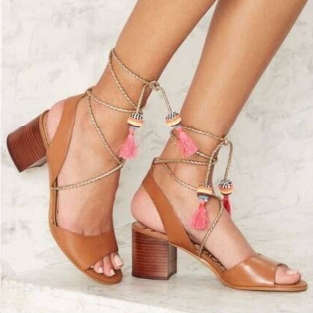 Sam Edelman Brown Leather Lace Up Tassel Beaded Block Heel Sandals Size 8.5